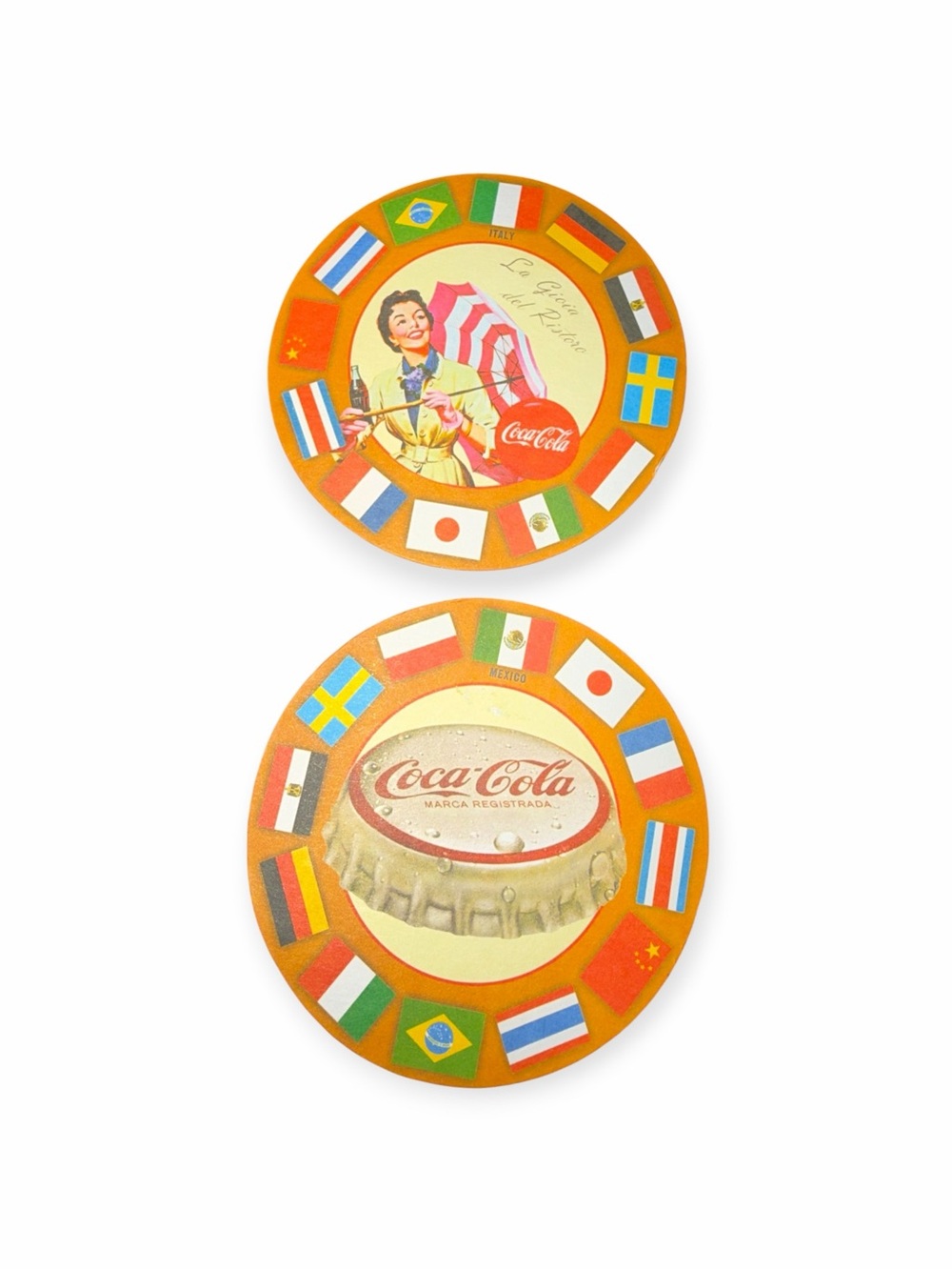 Coca Cola Orange Vintage International Flag Round Party Coasters (Pair)